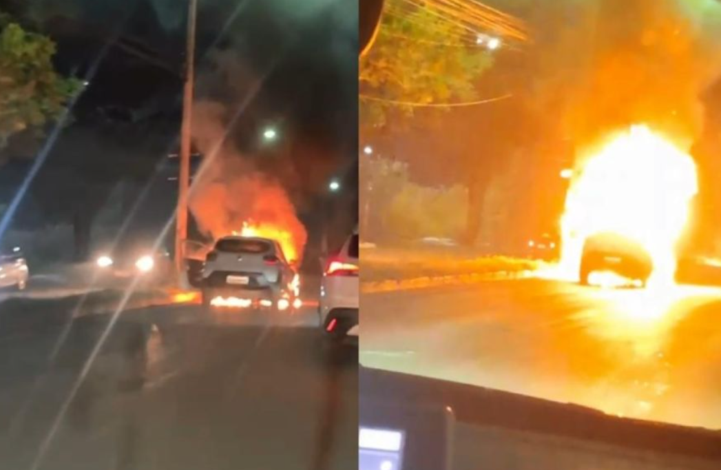 Carro é tomado por fogo em avenida de Cuiabá; veja vídeo